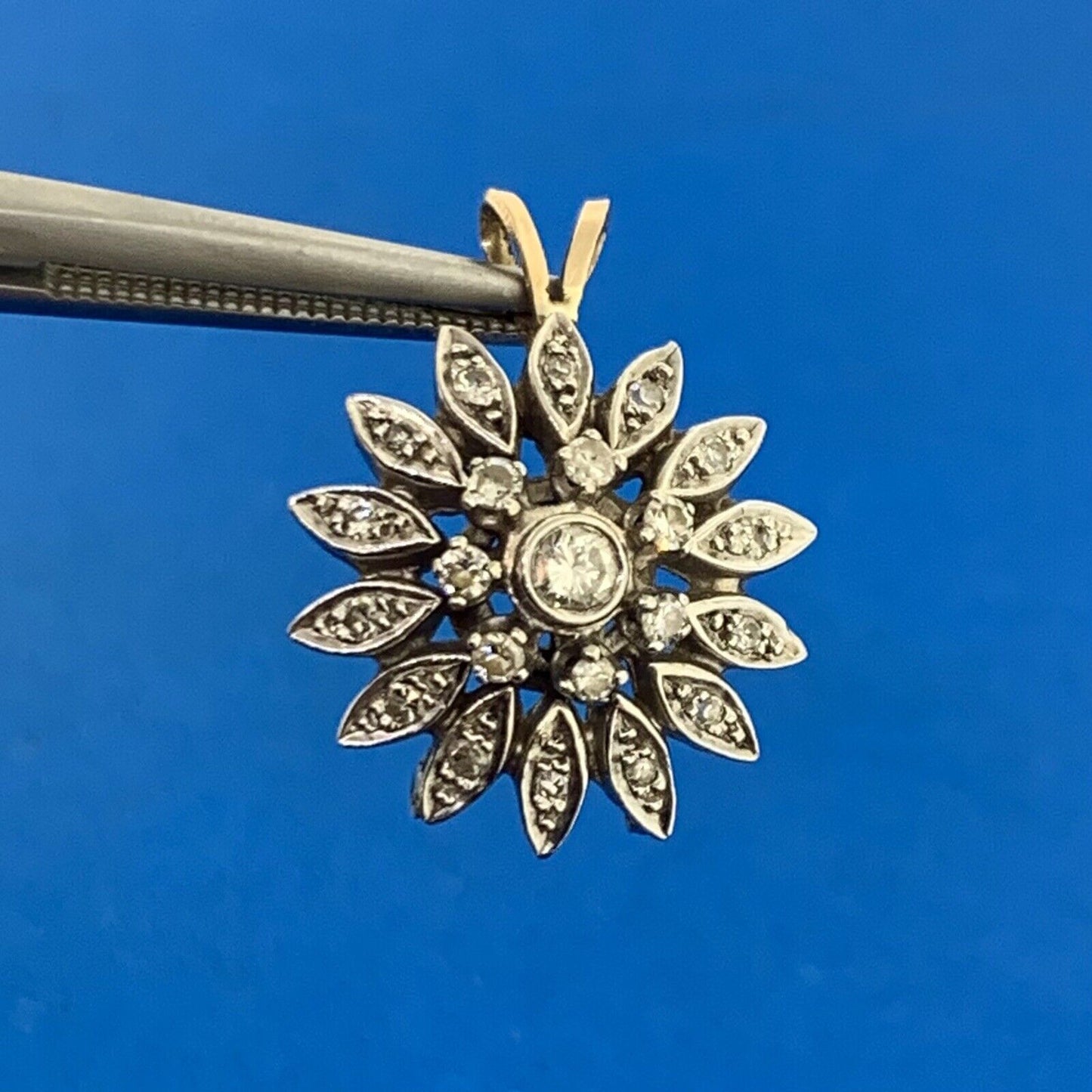 14K White Yellow Gold Diamond Floral Pinwheel Cluster Pendant