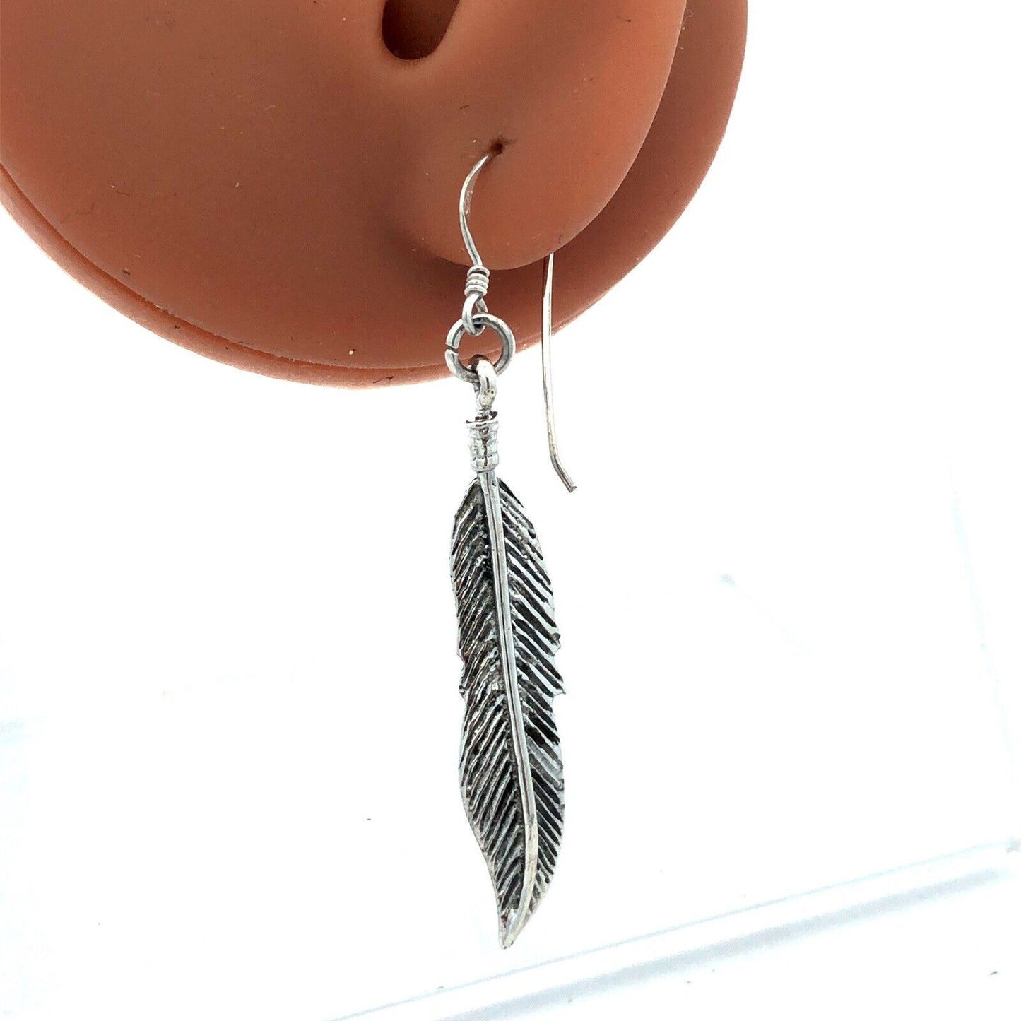 Vintage 925 Sterling Silver Feather Textured Drop Dangle Hook Earrings