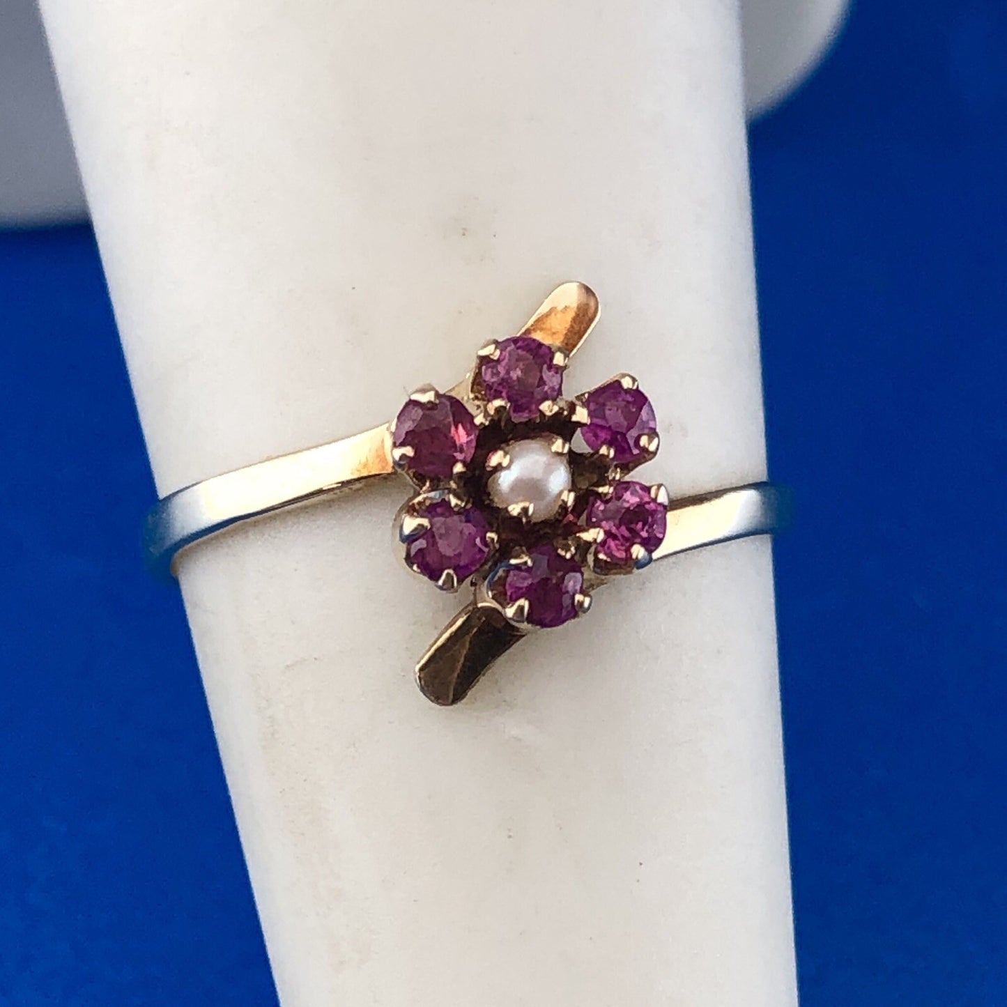 Vintage 14K Yellow Gold Ruby Pearl Flower Cluster July Sweetheart Bypass Ring