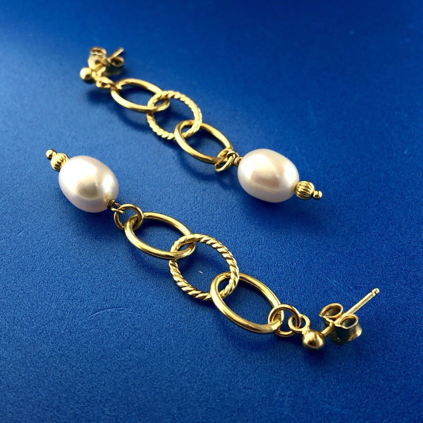 Italy Sterling Silver Vermeil Modernist Polished Twist Pearl Dangle Earrings
