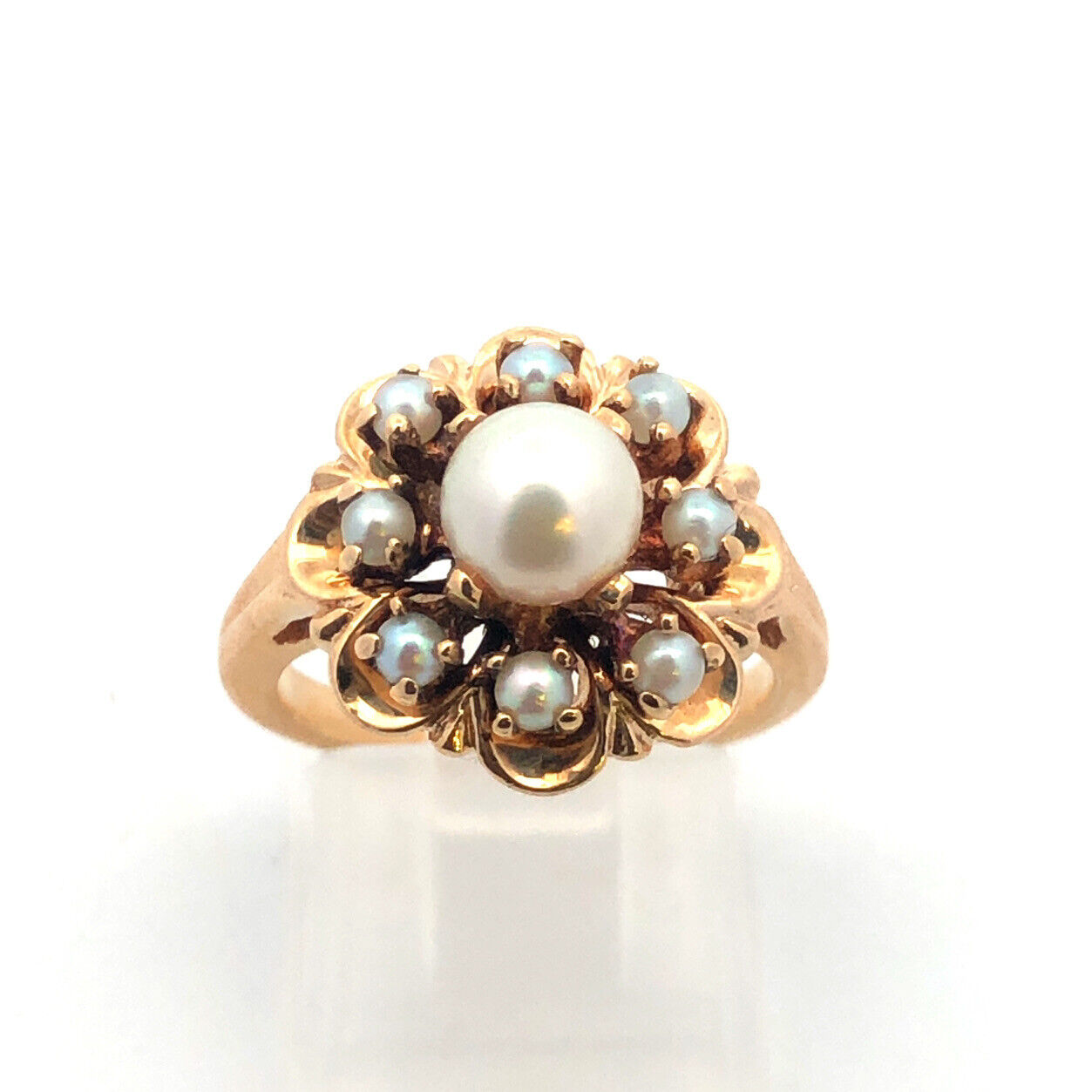 Vintage 14K Yellow Gold Pearl Solitaire With Pearl Halo Anniversary Ring