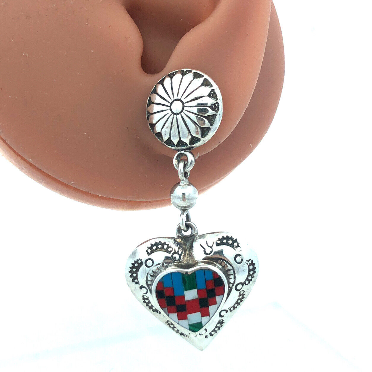 Native American Concho 925 Sterling Silver Multi Gemstone Heart Dangle Earrings