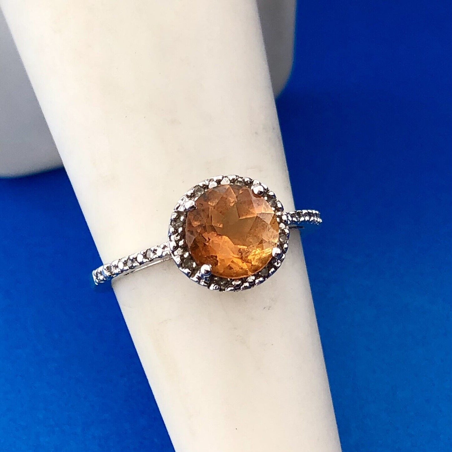 Gorgeous Sterling Silver 925 Round Cut Citrine Diamond Halo Accent Ring Size 6