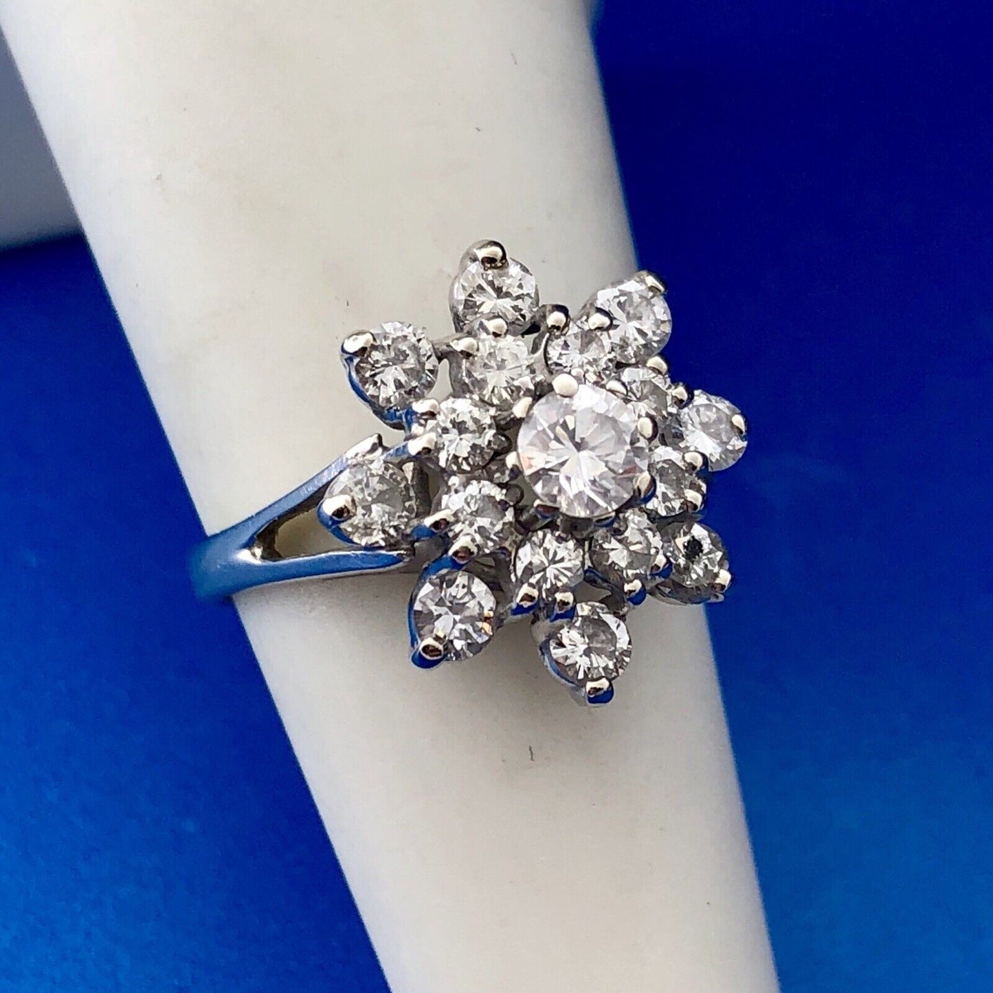 Art Deco 14K White Gold Diamond Starburst Floral Cluster Bridal Anniversary Ring