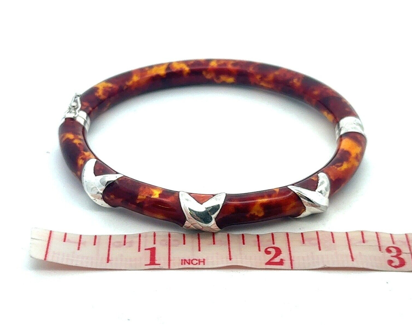 Milor Italy Sterling Silver Tortoise Shell Enamel Oval Hinged Bangle Bracelet