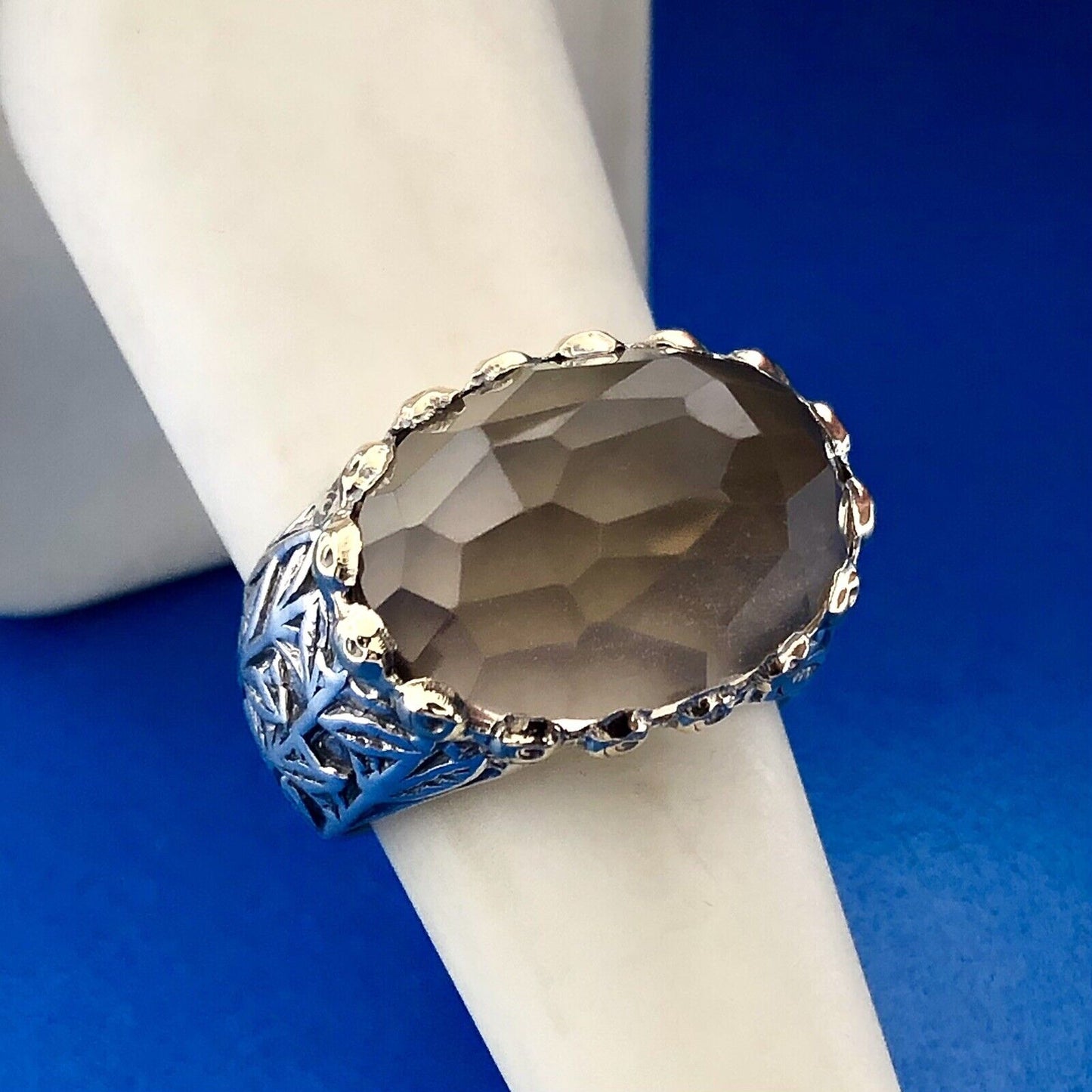 Retro 925 Sterling Silver 14K Two Toned Floral Engraved Smoky Quartz Dome Ring