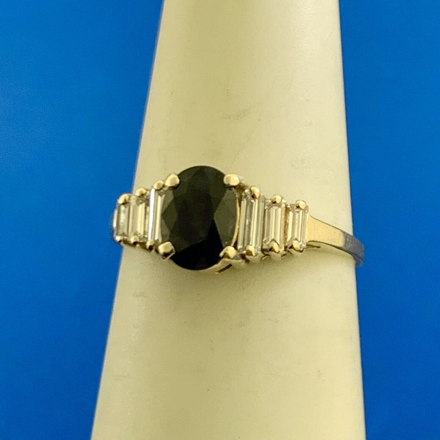 Designer 14K Yellow Gold Oval Sapphire Diamond Accent Anniversary Ring