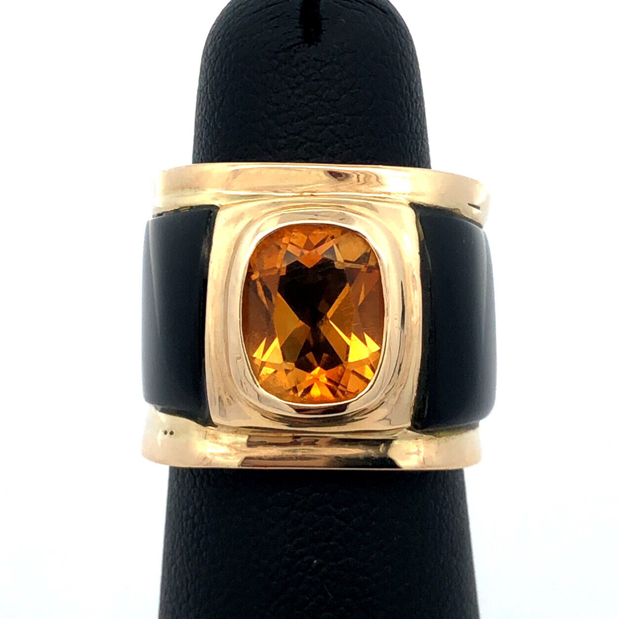 Unusual 14K Yellow Gold Oval Citrine Black Statement Cigar Band Ring