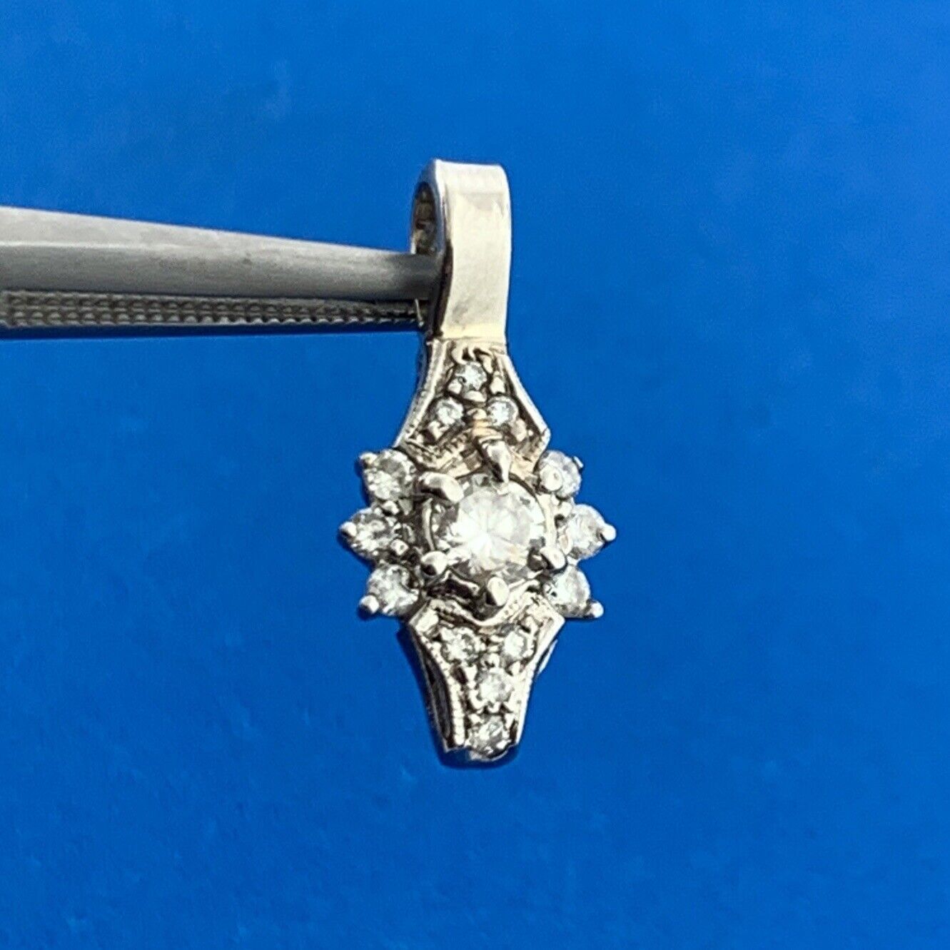 Retro 14K White Gold Diamond Cluster April Anniversary Drop Dangle Pendant