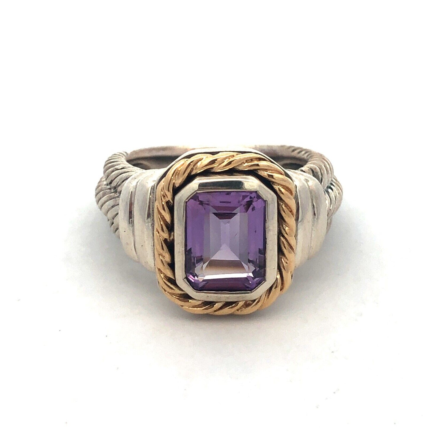 Designer CNA 925 Sterling Silver 14K Yellow Gold Emerald Cut Amethyst Sz 7 Ring