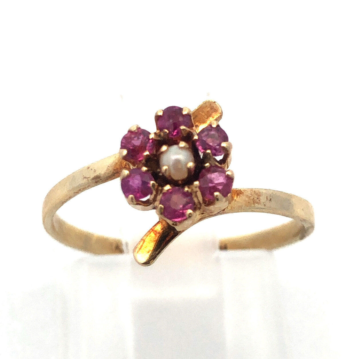 Vintage 14K Yellow Gold Ruby Pearl Flower Cluster July Sweetheart Bypass Ring