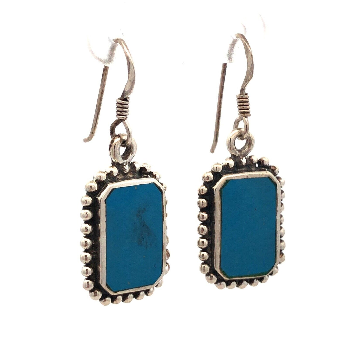 925 Sterling Silver Vintage Rectangle Turquoise Dangle Hook Earrings