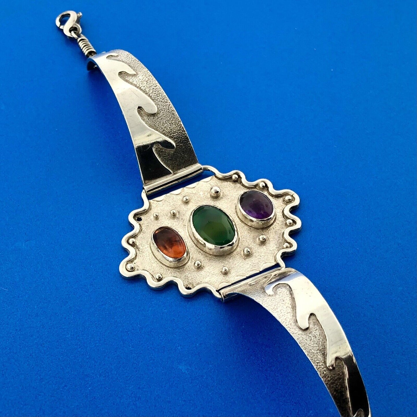Native American Sterling Silver Amber Amethyst Green Tourmaline Cuff Bracelet