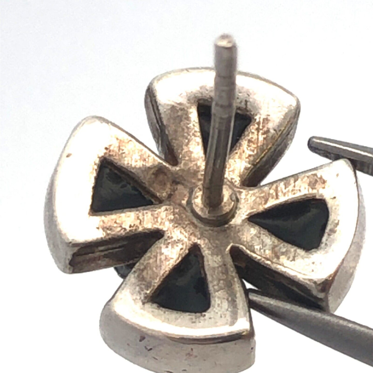 Estate Sterling Silver Black Onyx Inlay Marcasite 4 Leaf Clover Stud Earrings