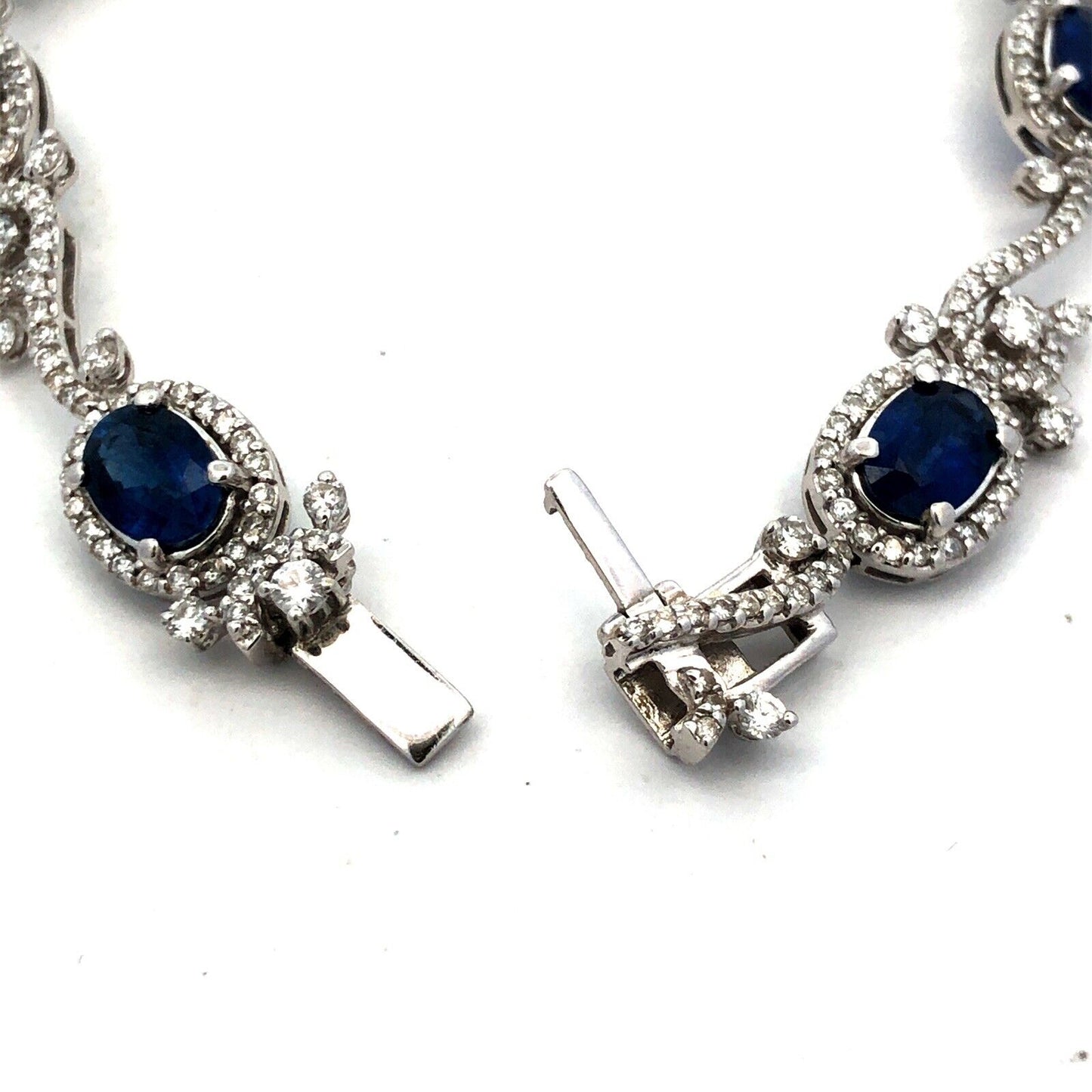 Designer K 18K White Gold Oval Blue Sapphire Diamond Swirl Tennis Bracelet