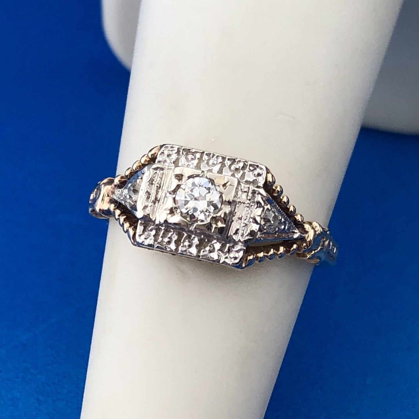 Art Deco 14K White Yellow Gold Diamond Accented Etruscan Style Engagement Ring