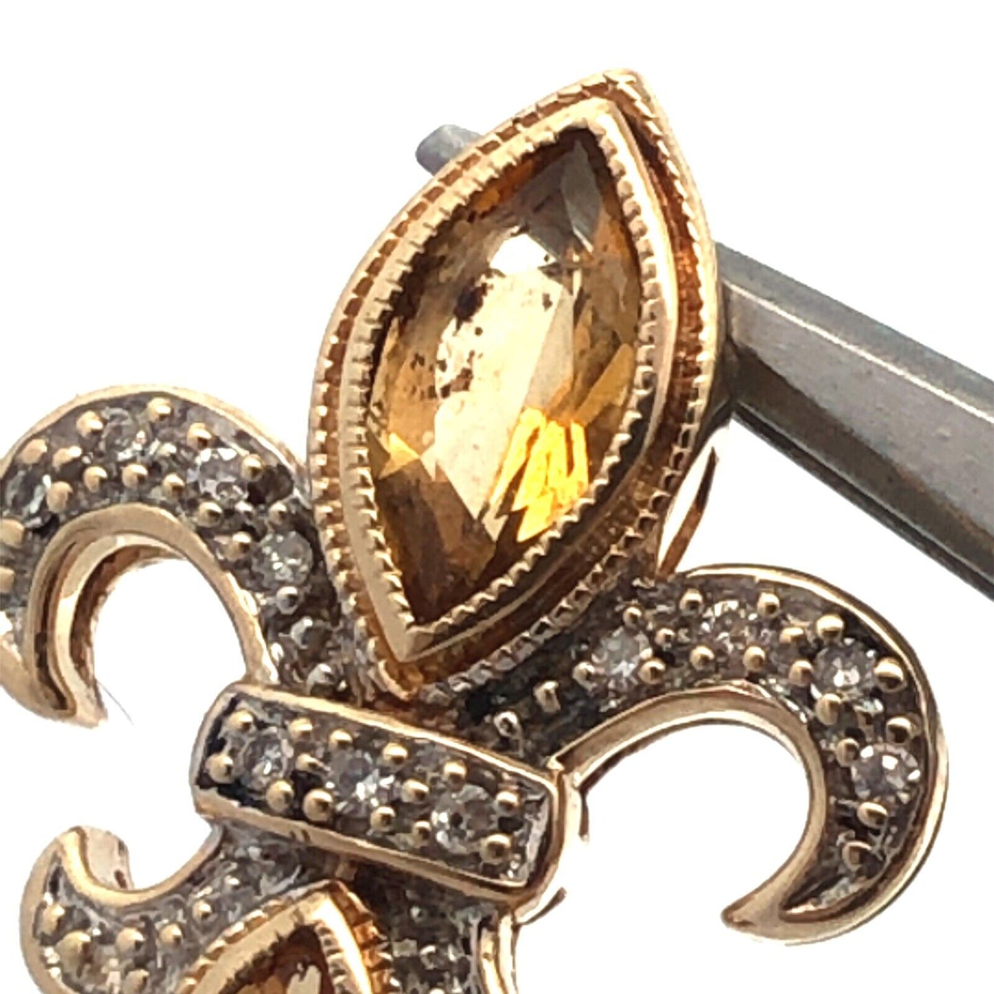 Designer AV 14K Yellow Gold Marquise Citrine Diamond Fleur De Lis Pendant