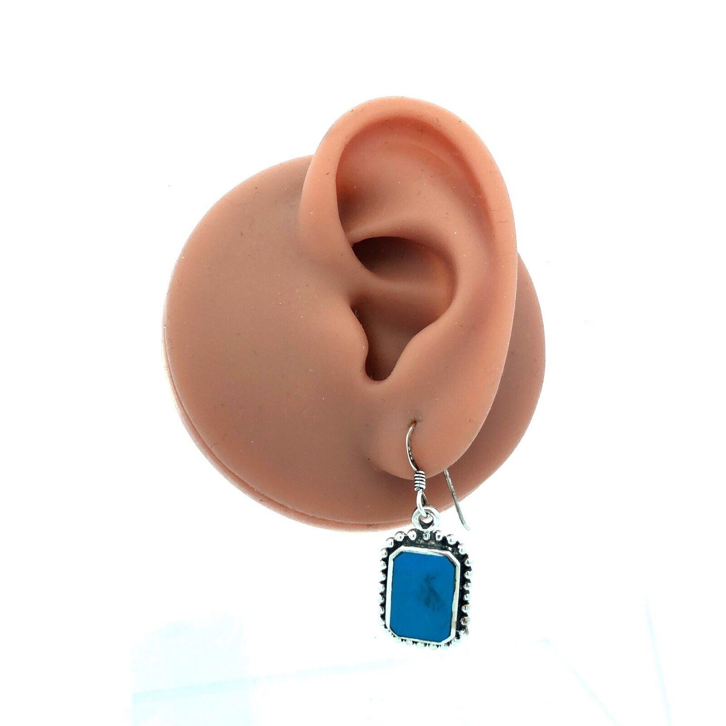 925 Sterling Silver Vintage Rectangle Turquoise Dangle Hook Earrings