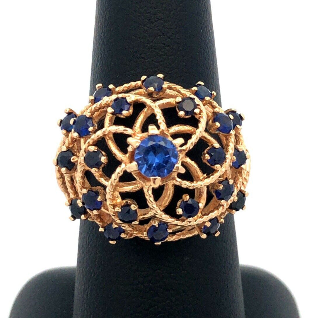 Estate 18K Yellow Gold Blue Sapphire Open Work Harem Cocktail Statement Ring