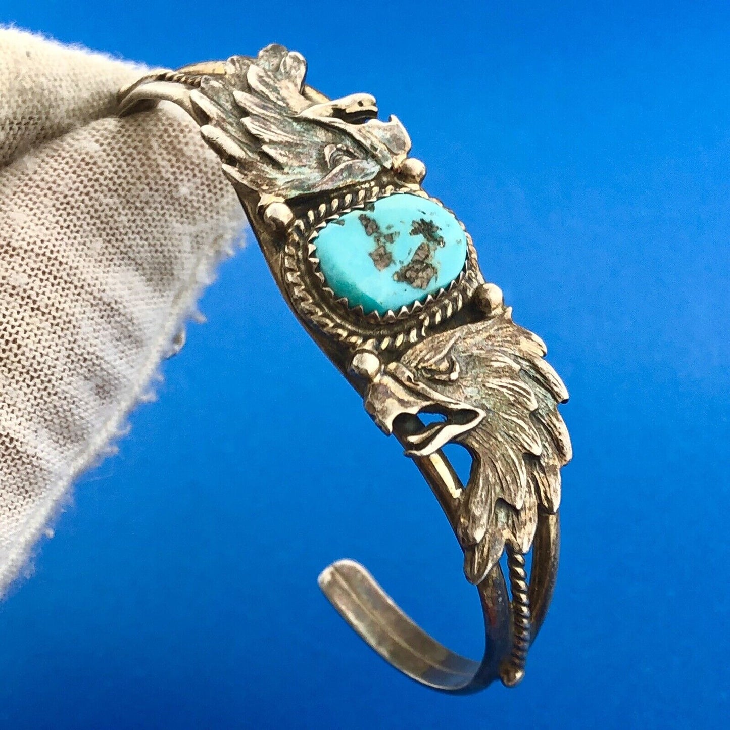 Stunning Sterling Silver Cabochon Turquoise Native American Eagle Cuff Bracelet