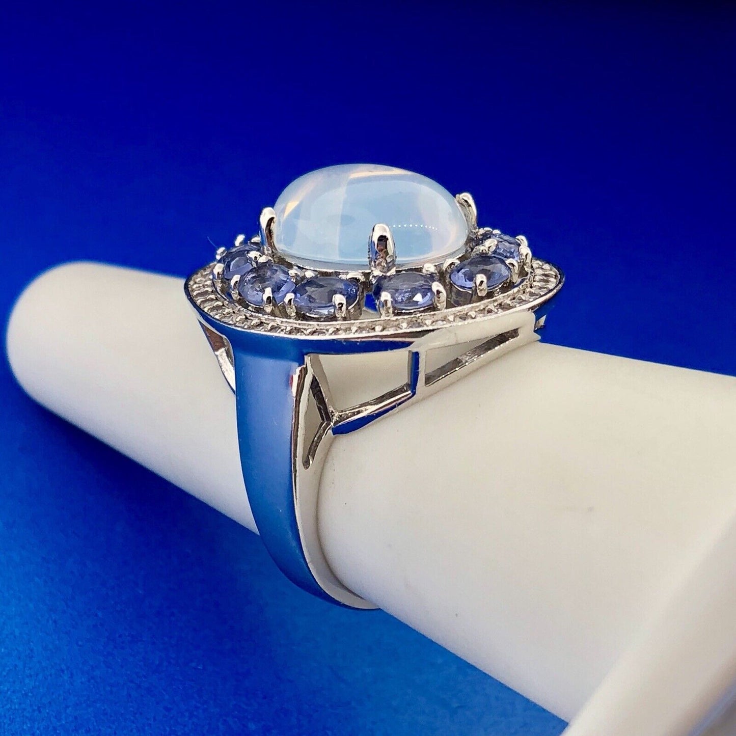 925 Sterling Silver Moonstone Tanzanite Diamond Double Halo Statement Ring