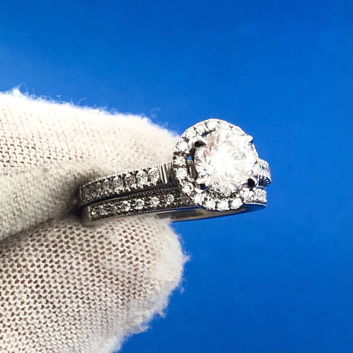 Designer 14K White Gold Round Diamond Solitaire W Halo Accents 2 Ring Bridal Set