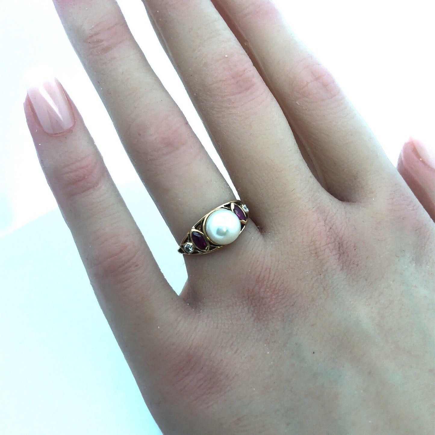 Vintage 14K Yellow Gold Pearl Ruby Diamond Art Deco Style Cocktail Ring