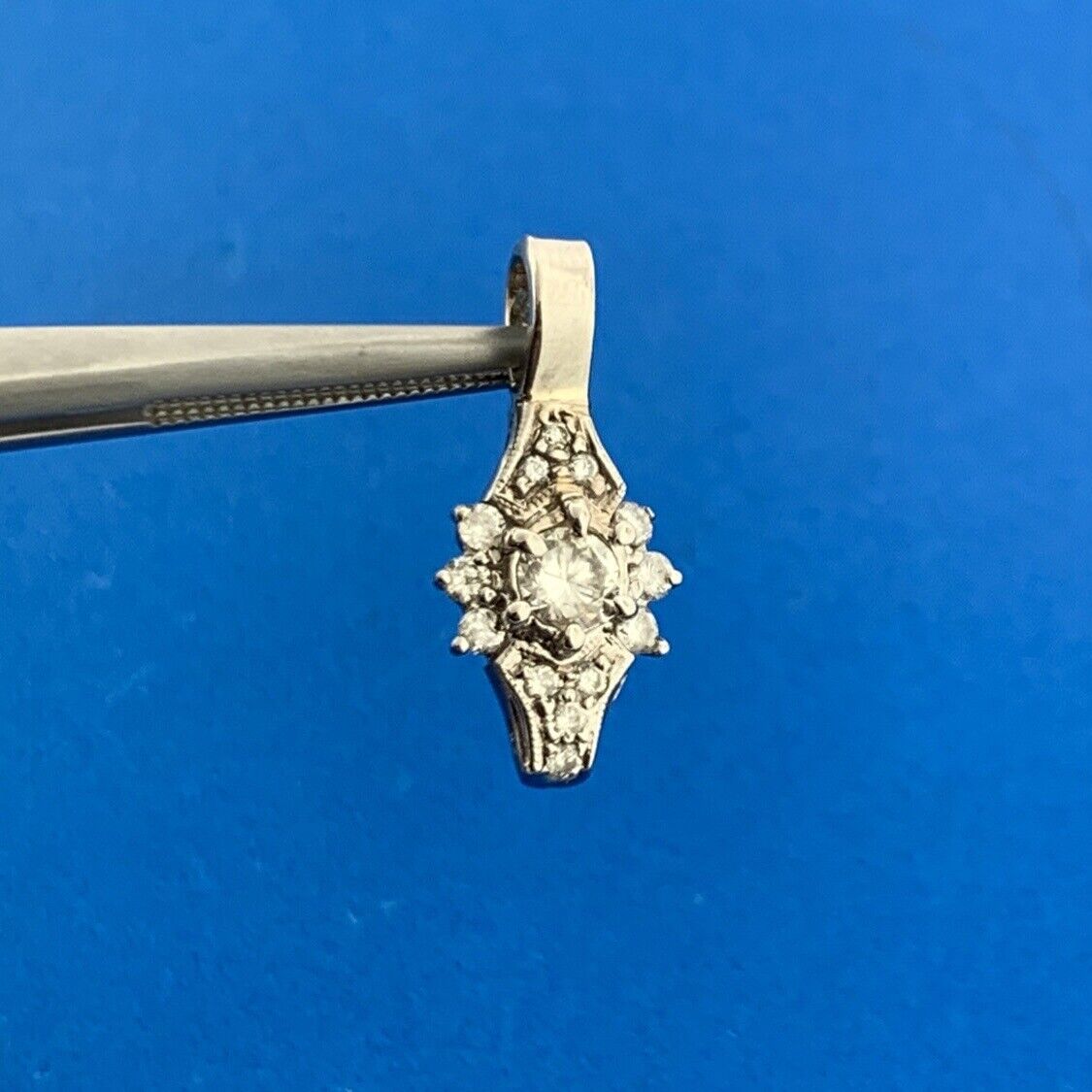 Retro 14K White Gold Diamond Cluster April Anniversary Drop Dangle Pendant