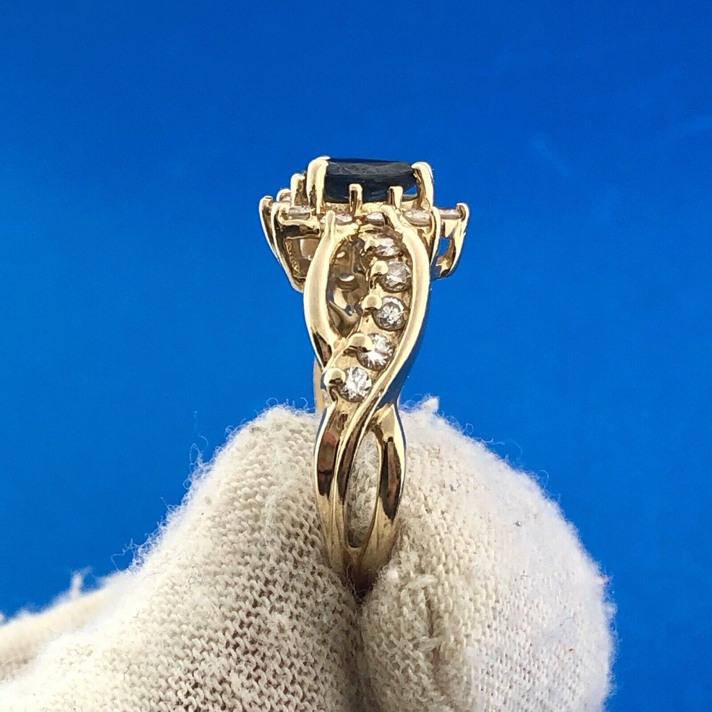 Retro Designer 14K Yellow Gold Sapphire Pear Diamond Halo Accented Cocktail Ring