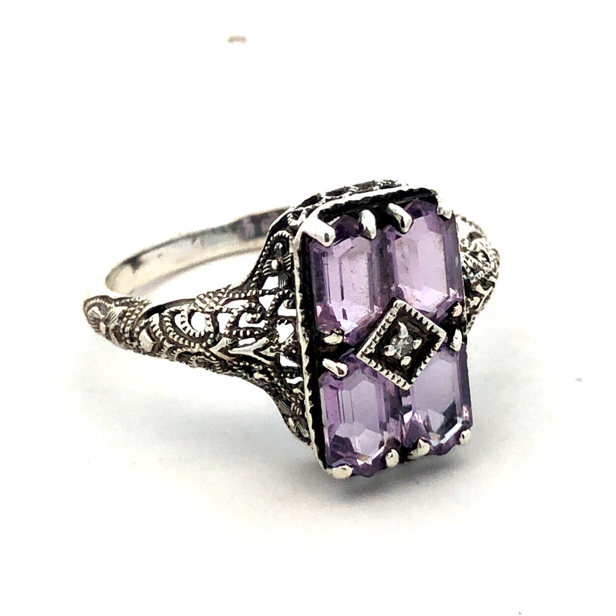 Designer CNA 925 Sterling Silver Amethyst Diamond Filigree Detail Rectangle Ring