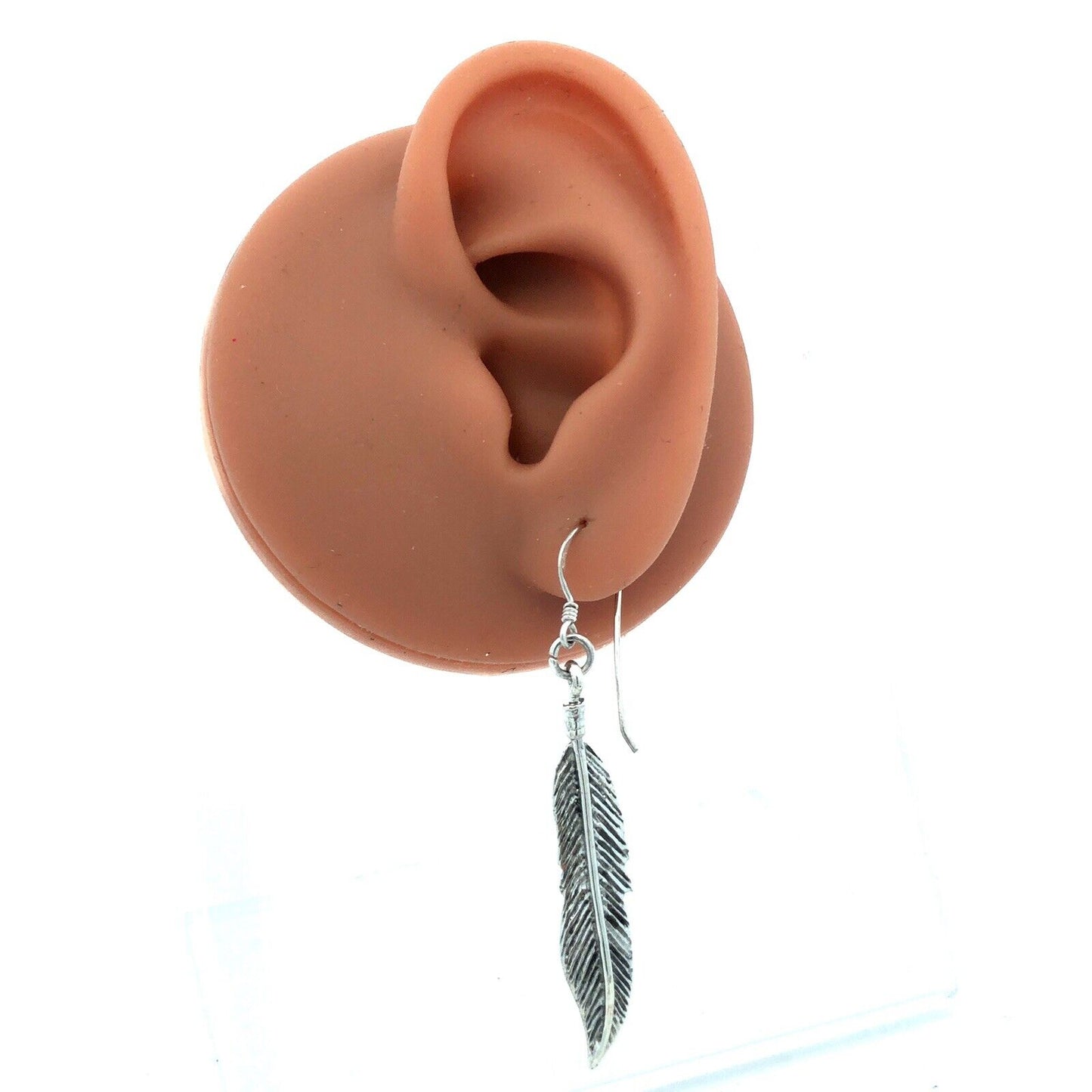 Vintage 925 Sterling Silver Feather Textured Drop Dangle Hook Earrings