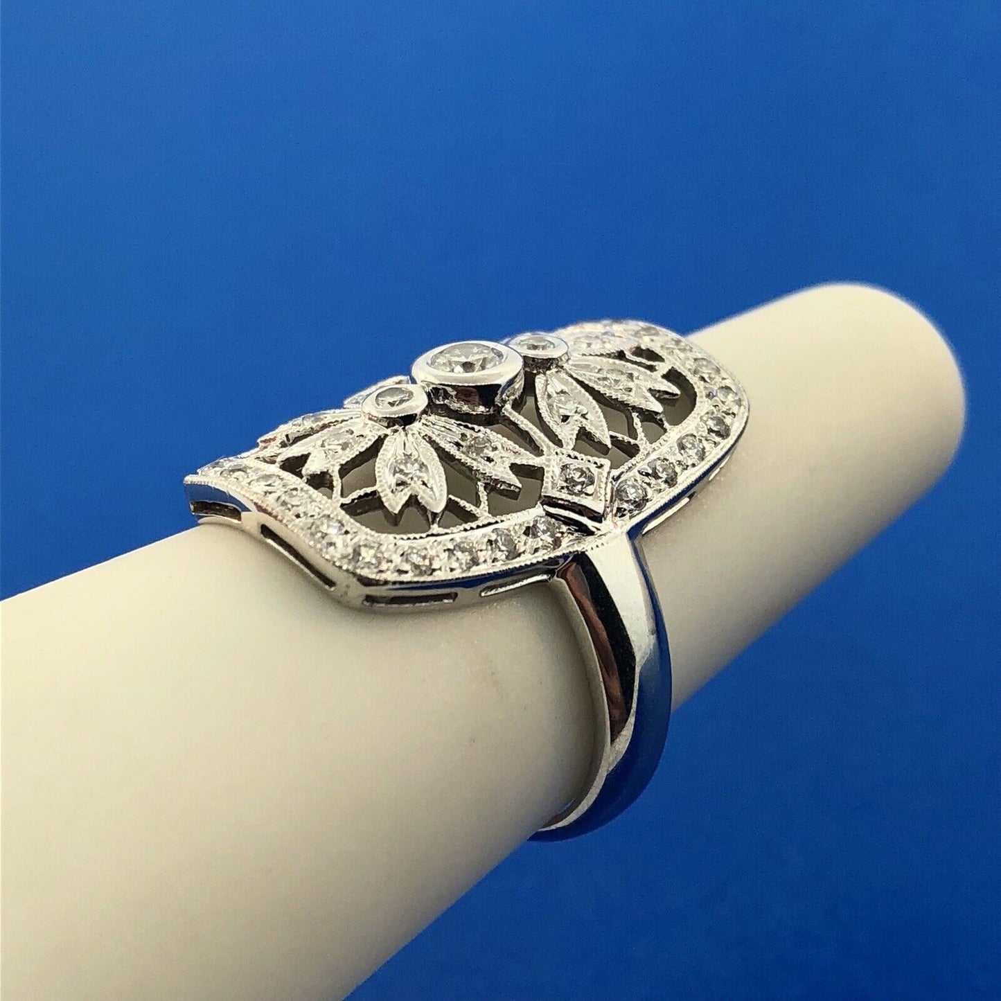 Vintage 18K White Gold Diamond Floral Filigree Statement Finger Ring