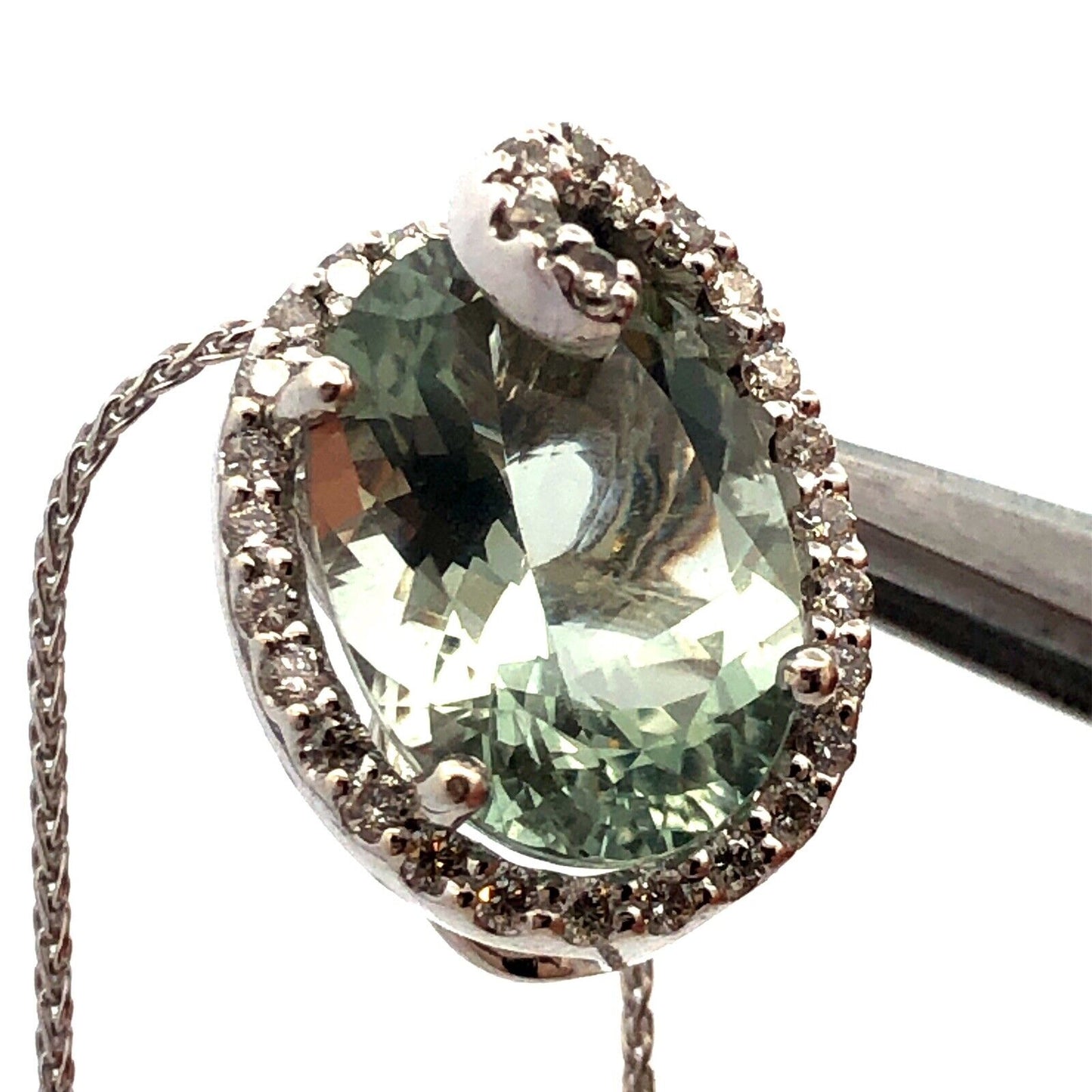 Designer SG 14K White Gold Oval Green Amethyst Diamond Swirl Pendant Necklace