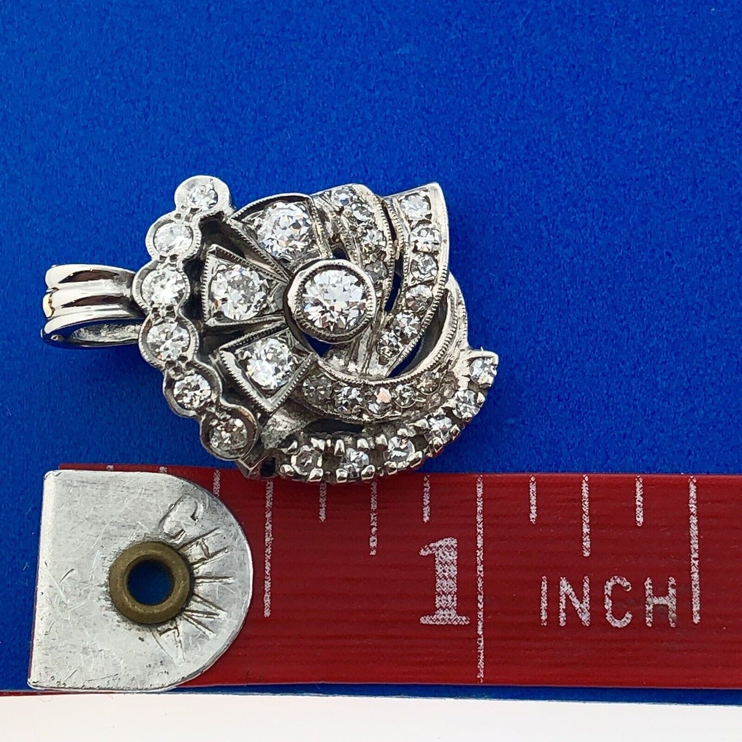 Vintage Art Deco 14K White Gold Diamond Flower Cluster Enhancer Pendant Stunning