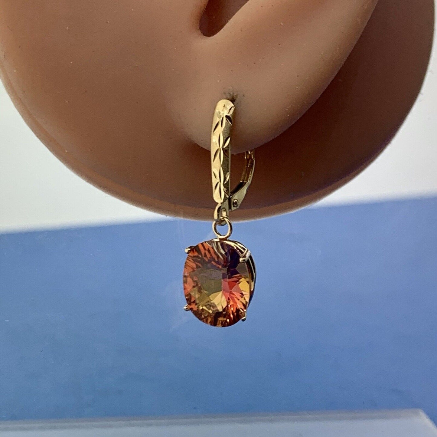 Designer 14K Yellow Gold Oval Mystic Topaz Statement Dangle Lever Back Earrings
