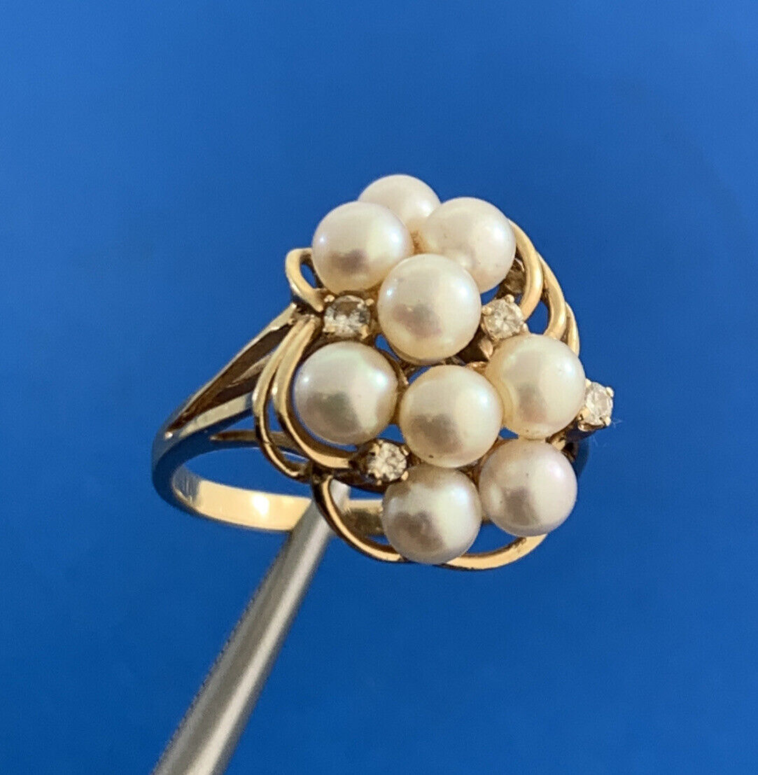 Designer 14K Yellow Gold Pearl Diamond Accented Modernist Cluster Cocktail Ring