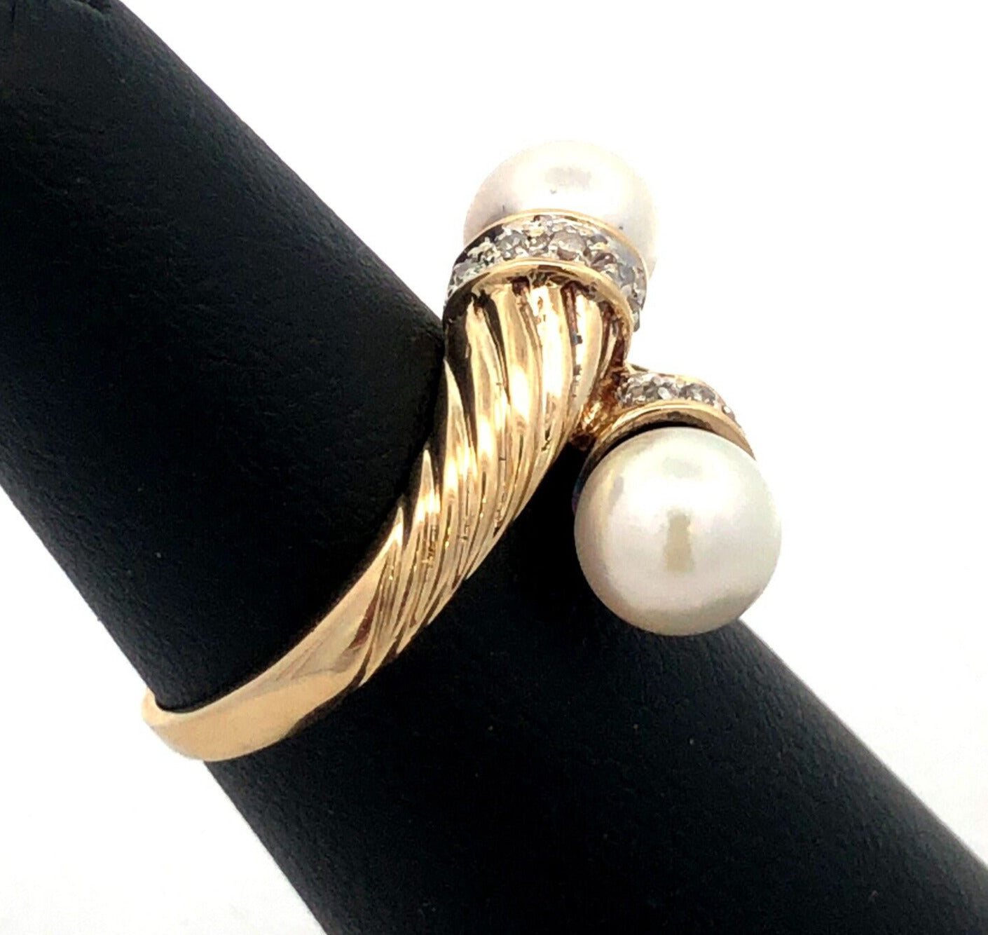 Designer H 14K Yellow Gold Round Pearl Diamond Twist Textured Bypass Ring