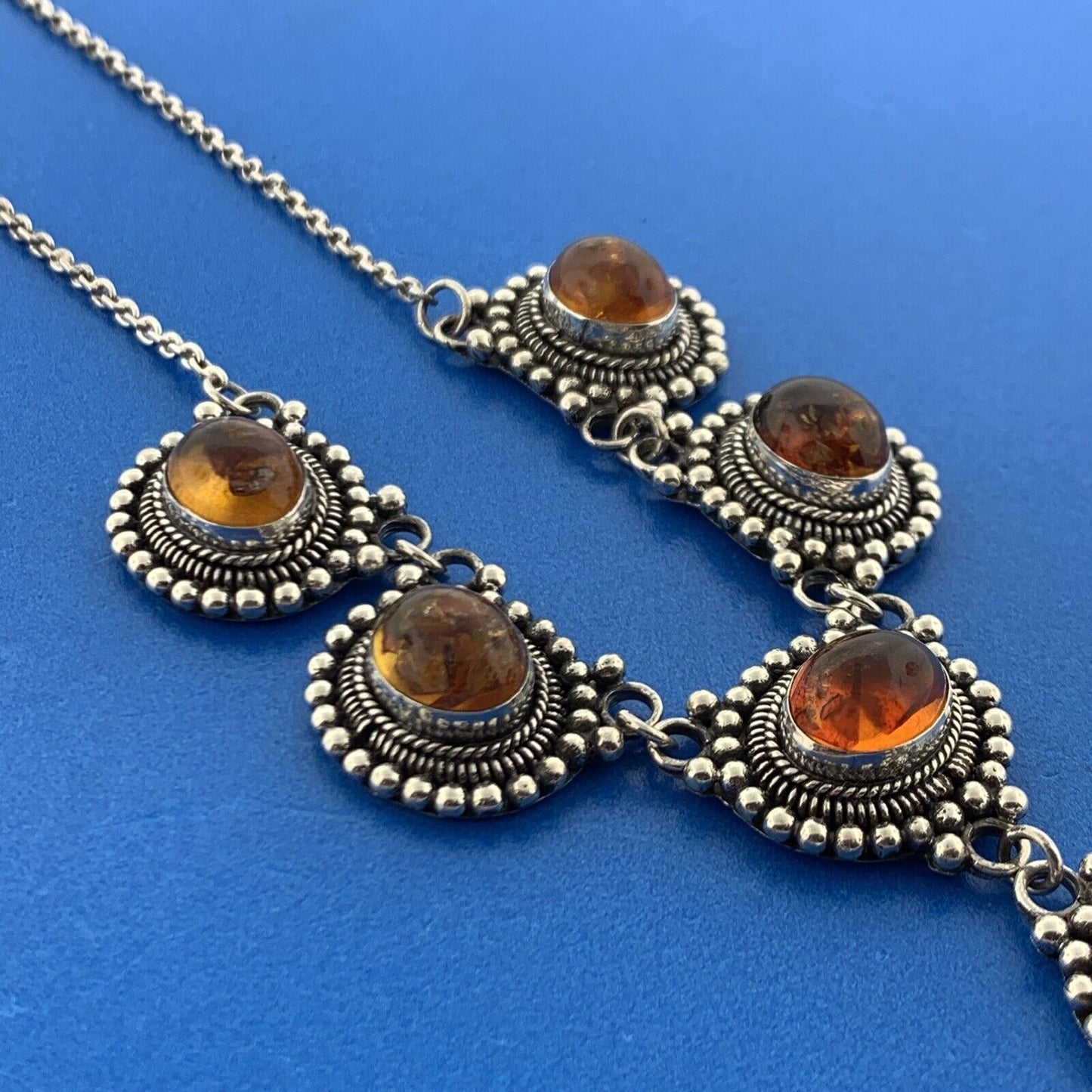 Vintage 925 Sterling Silver Oval Amber Cabochon Bead Work Drop Necklace