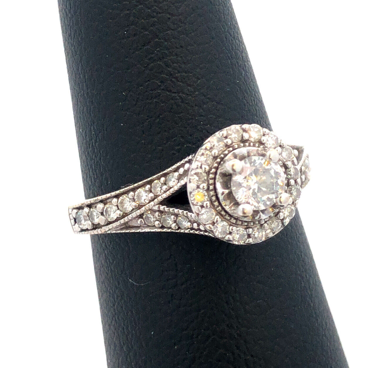 ZEI 14K White Gold Diamond Solitaire W/Halo Engagement Bridal Wedding Ring