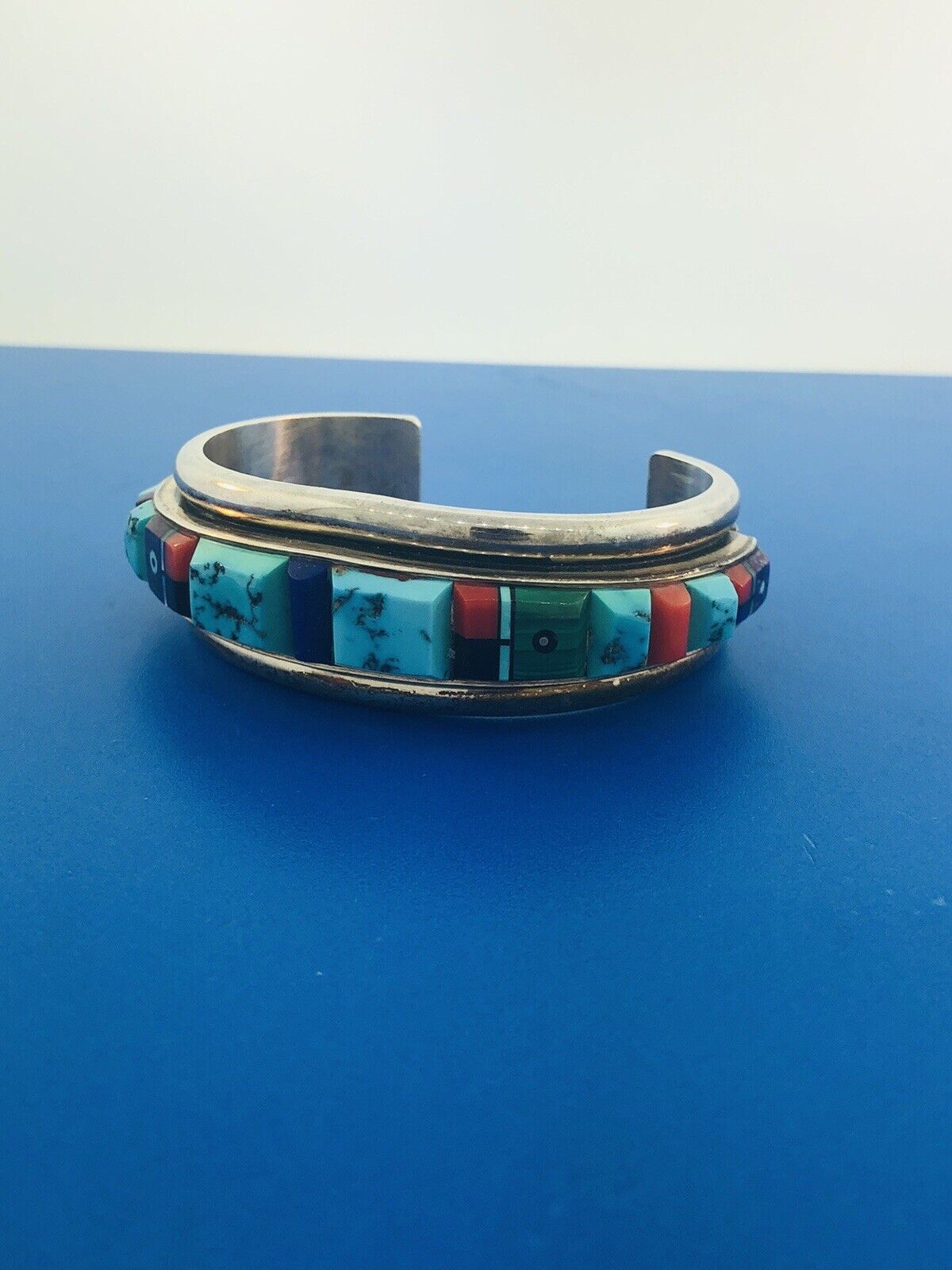Native American 925 Sterling Silver Turquoise Multi Gem Cuff Bracelet Ronnie
