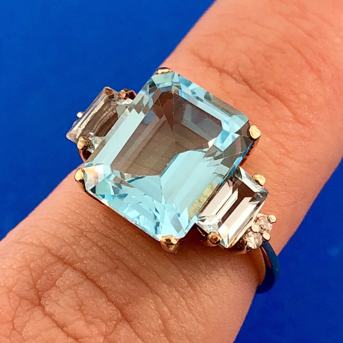 14K Yellow Gold Blue Topaz Diamond December Anniversary Cocktail Statement Ring