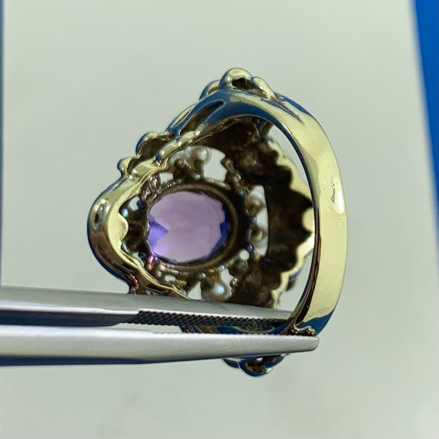 Art Nouveau 14K Yellow Gold Oval Amethyst Pearl Black Enamel Cocktail Ring