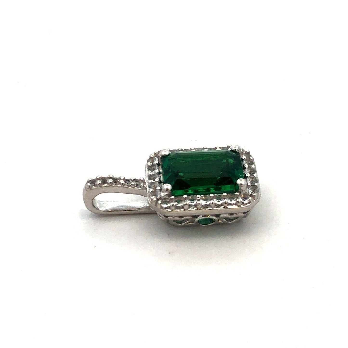 Designer A 10K White Gold Green Emerald Cut Emerald White Sapphire Halo Pendant