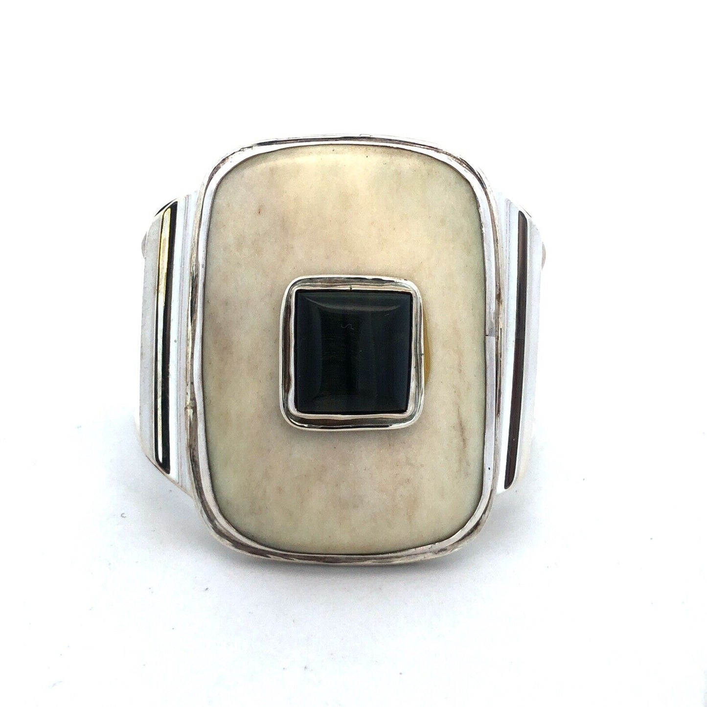 925 Sterling Silver Resin Black Tigers Eye Wide Cuff Bracelet
