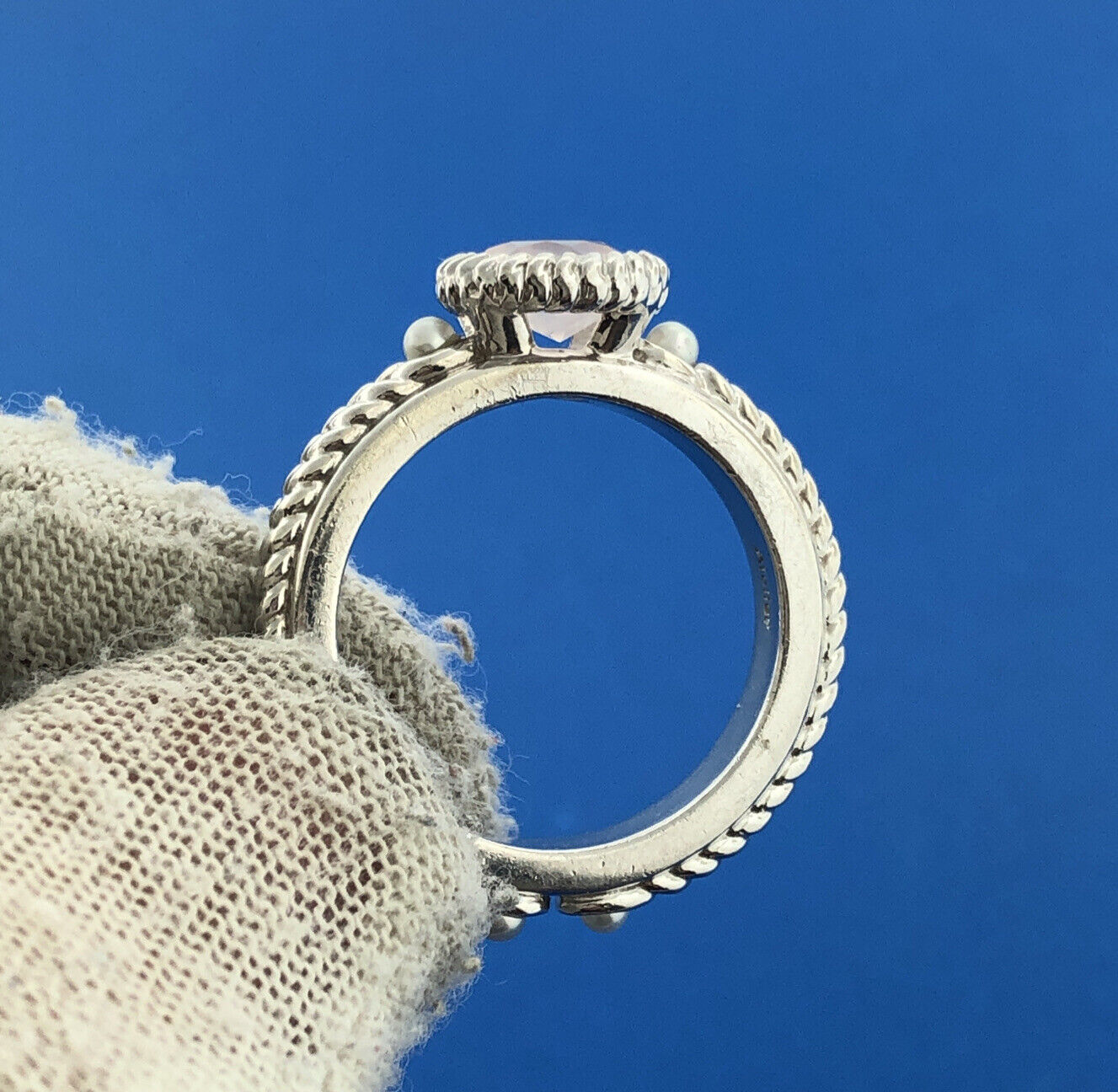 Anthony Nak Atelier Sterling Silver 925 Rose Quartz Pearl Cable Cocktail Ring