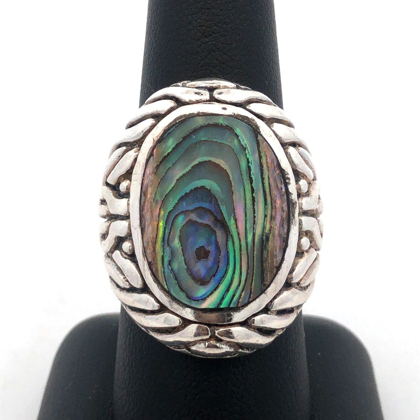 Designer CFJ 925 Sterling Silver Oval Abalone Textured Modernist Dome Ring
