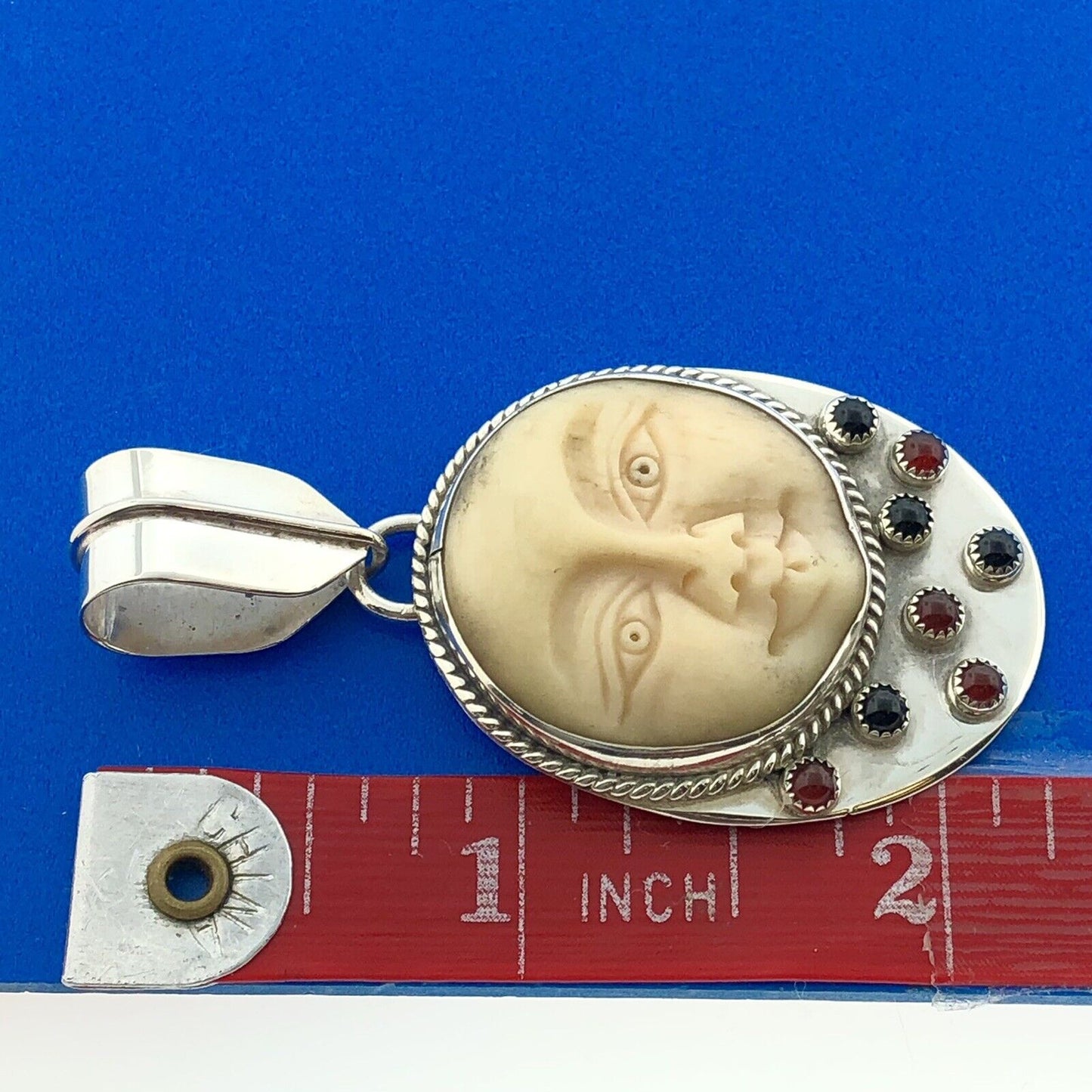 WASGO Sterling Silver Onyx Carnelian Carved Moon Stars Statement Pendant