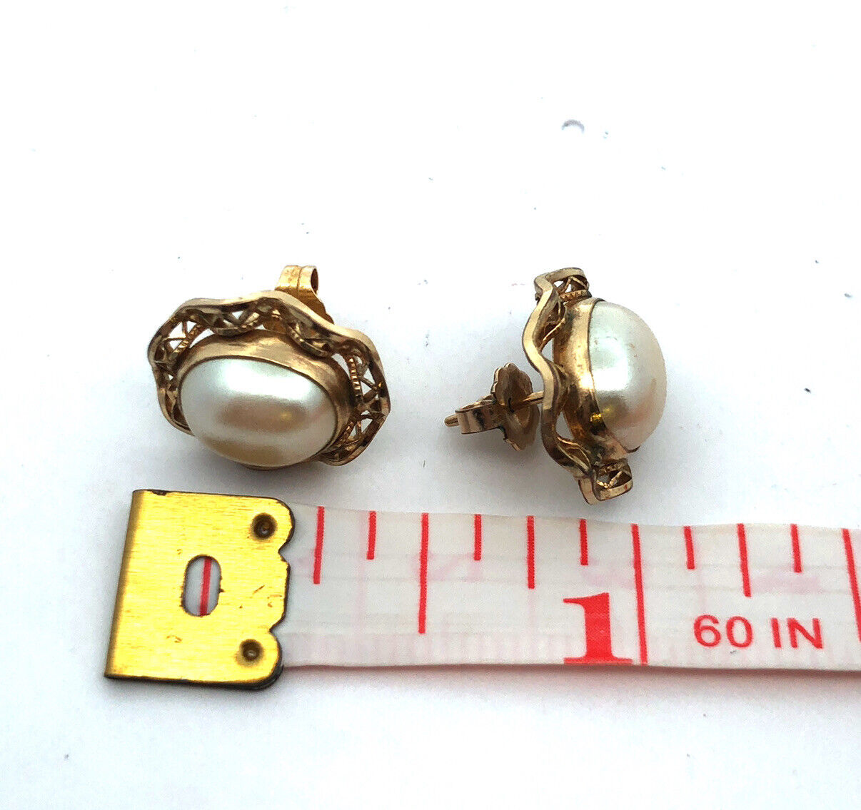 Estate 14K Yellow Gold Filled Oval Pearl Filigree Halo Birds Nest Stud Earrings