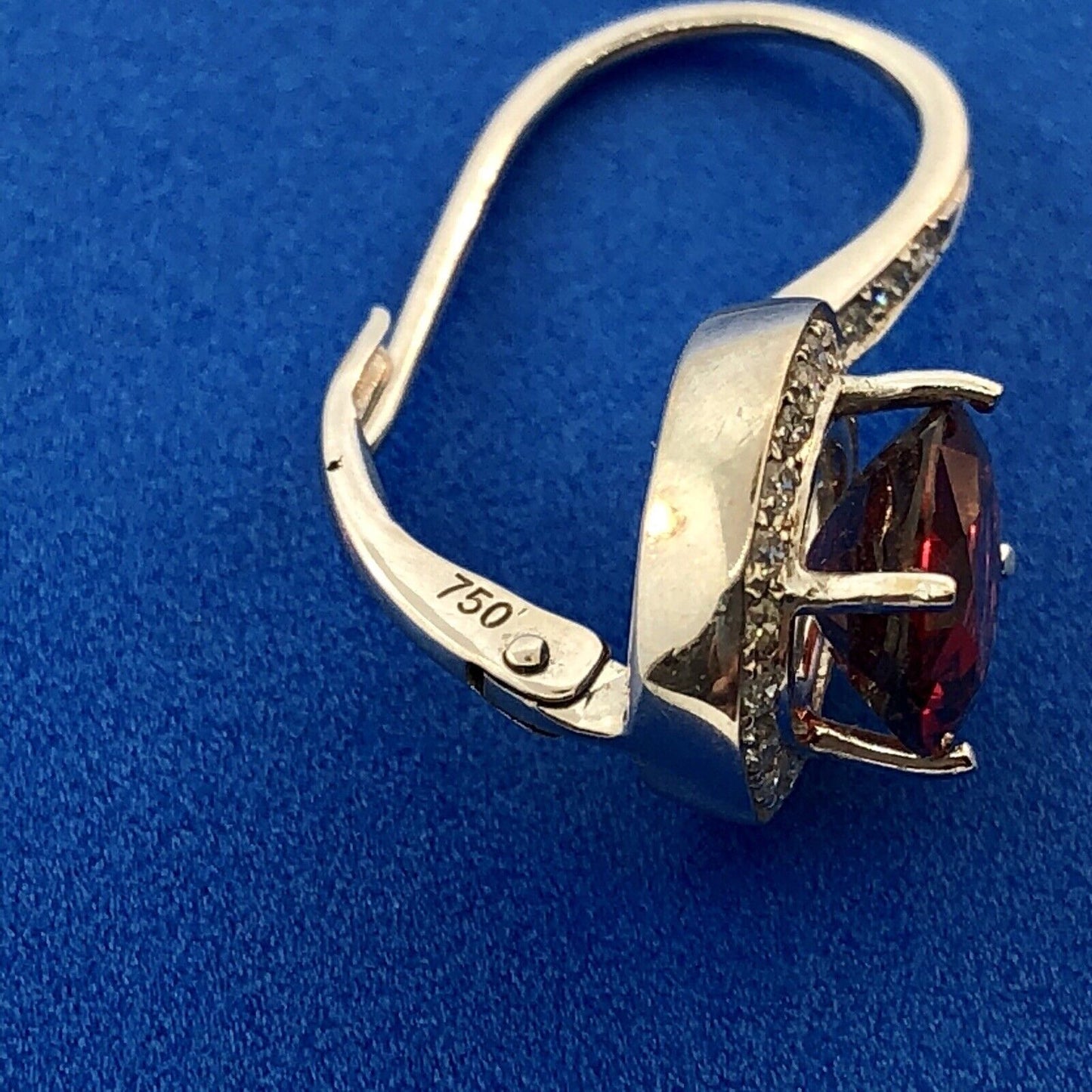 Gorgeous 18k White Gold Oval Red Garnet Diamond Halo Leverback Drop Earrings