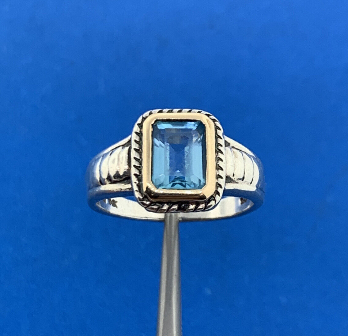 Silpada 14K Yellow Gold 925 Sterling Silver Emerald Cut Blue Topaz Cocktail Ring